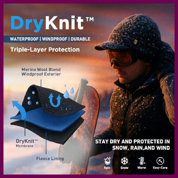Merino Wool Blend Winter Beanie with Brim Visor Fleece Lined Waterproof